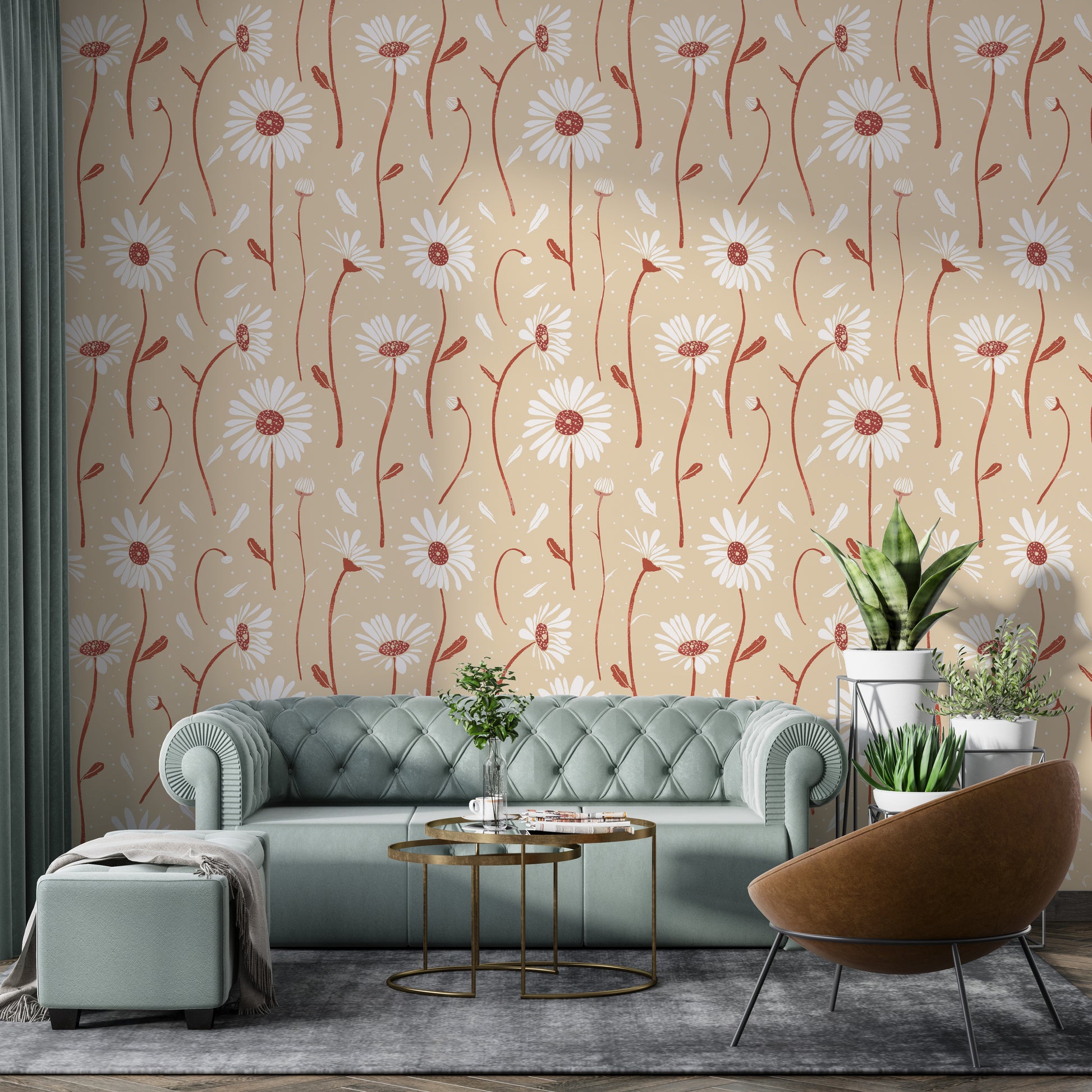 Neutral cream flower wallpaper with whimsical charm

