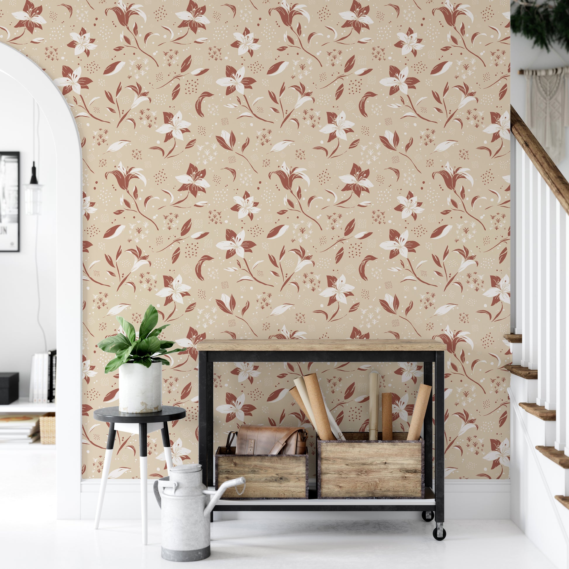 Light floral wallpaper with graceful cream lilies

