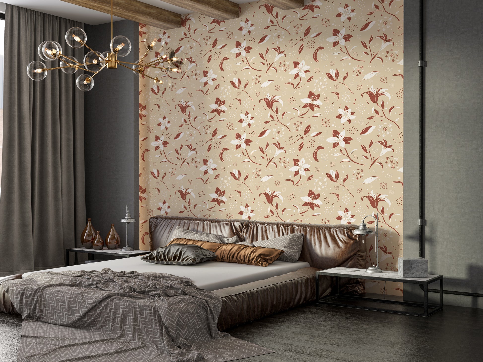 Subtle cream lilies mural for peaceful interiors

