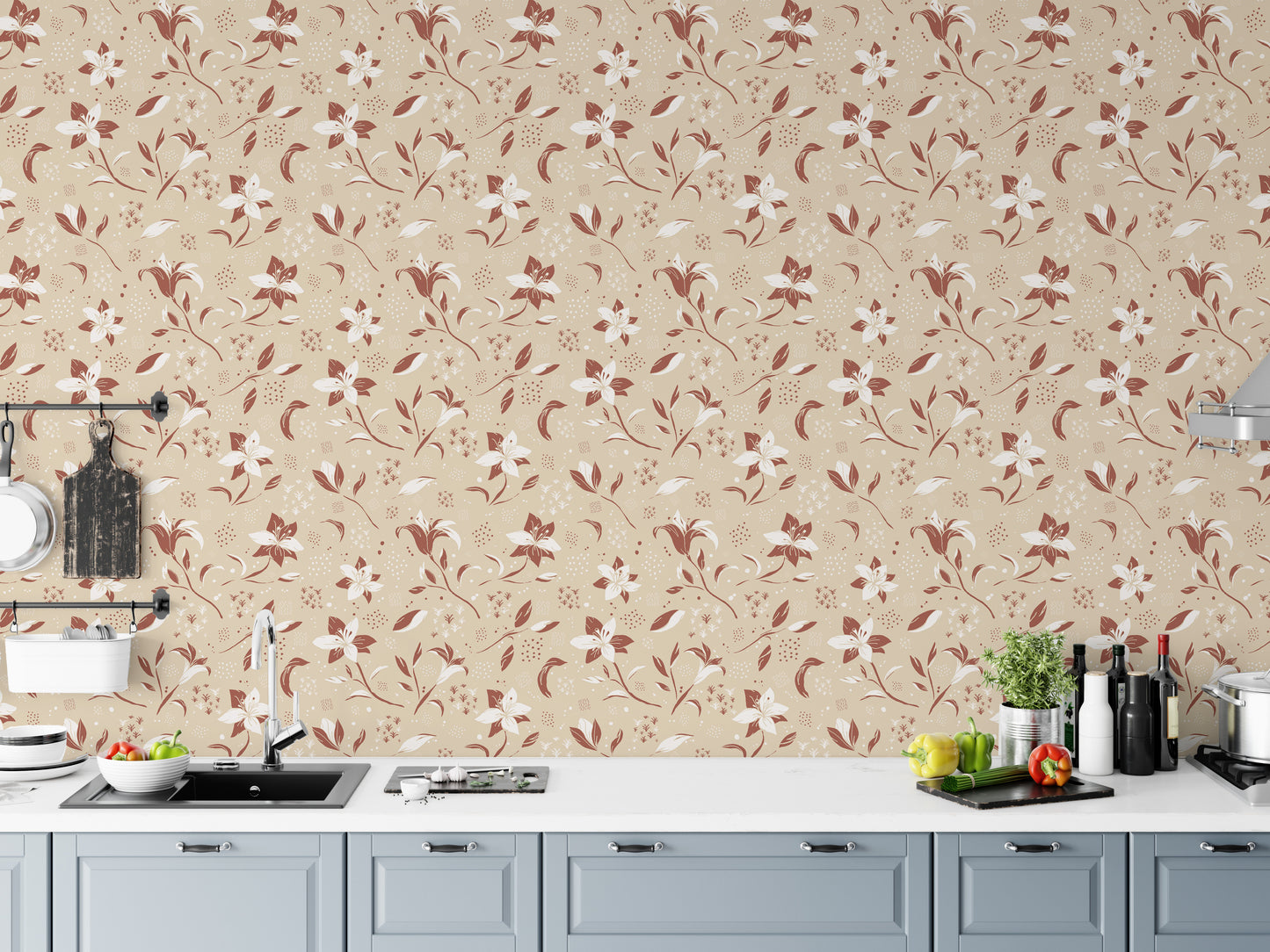 Peel and stick wallpaper featuring ivory lily blossoms


