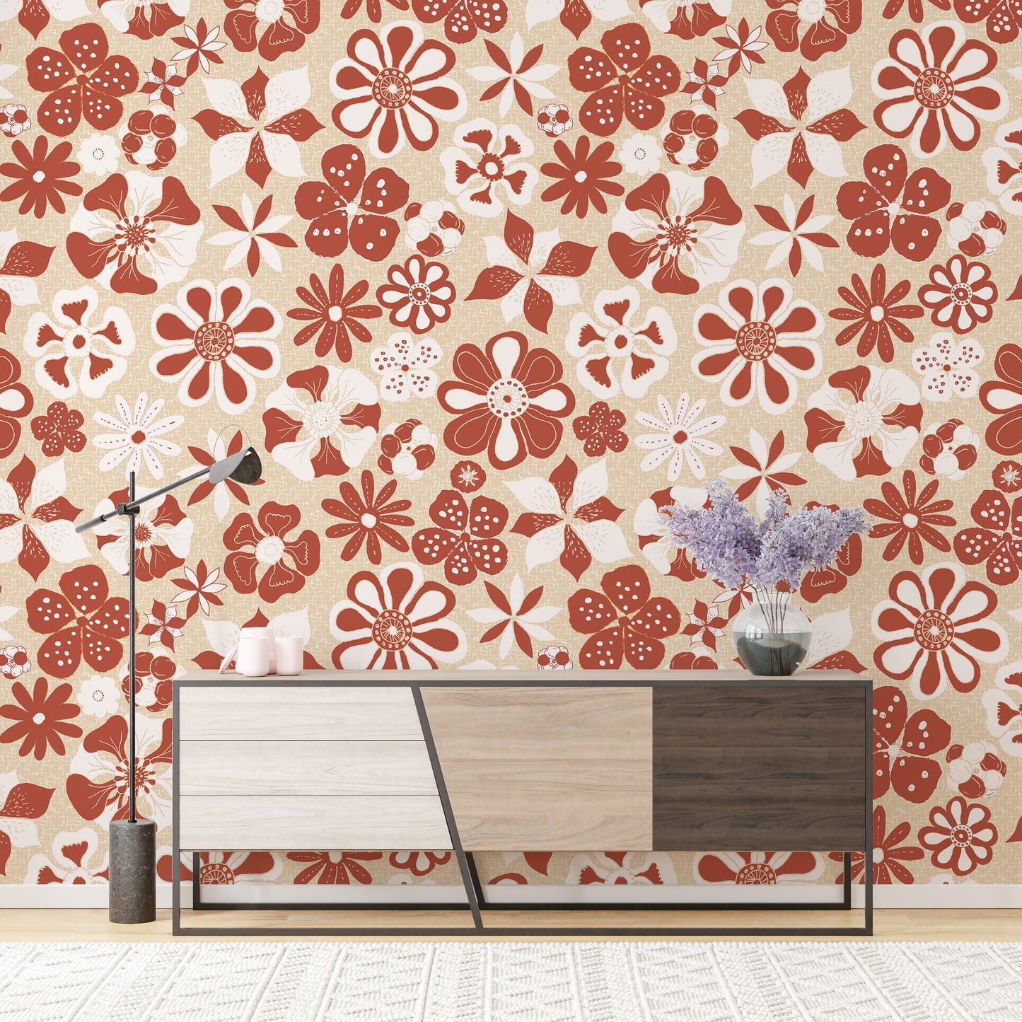 Maximalist wallpaper with expressive oversized cream flowers

