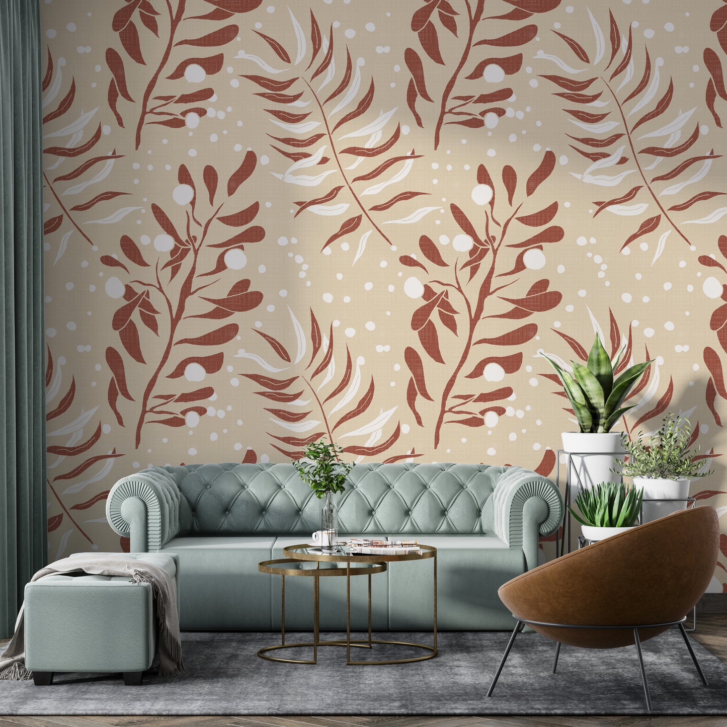 Elegant cream palm mural for coastal bedrooms

