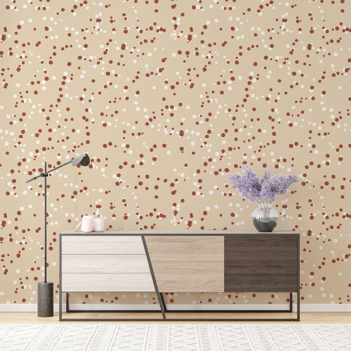 Scandinavian-style wallpaper with soft cream dots

