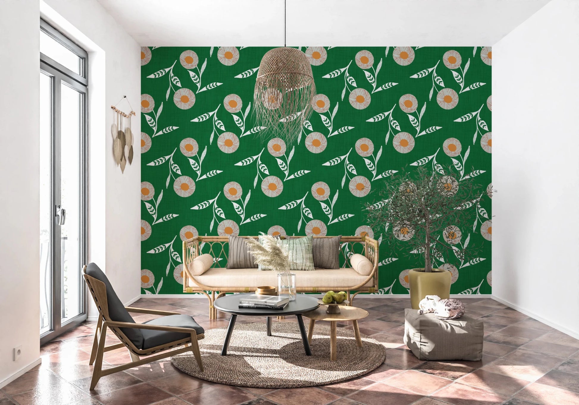 Cozy Scandi Flower Forest Green - Craft Botanical Wallpaper⁠
