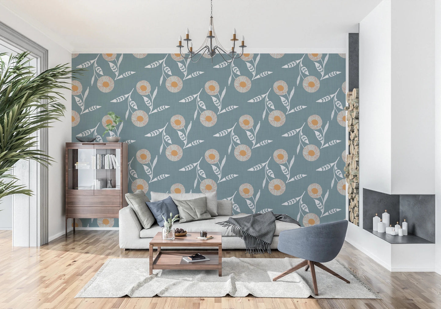 Cozy Scandi Flower Nordic Blue Grey - Craft Botanical Wallpaper⁠