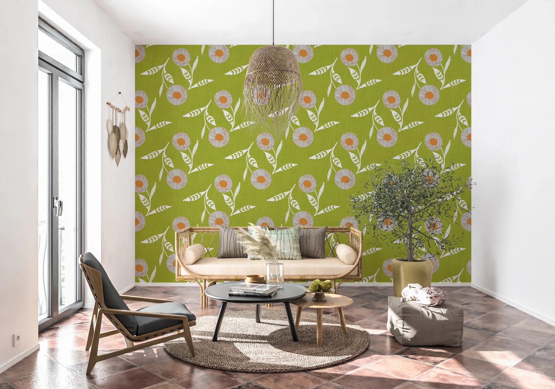 Cozy Scandi Flower Olive Chartreuse - Craft Botanical Wallpaper⁠