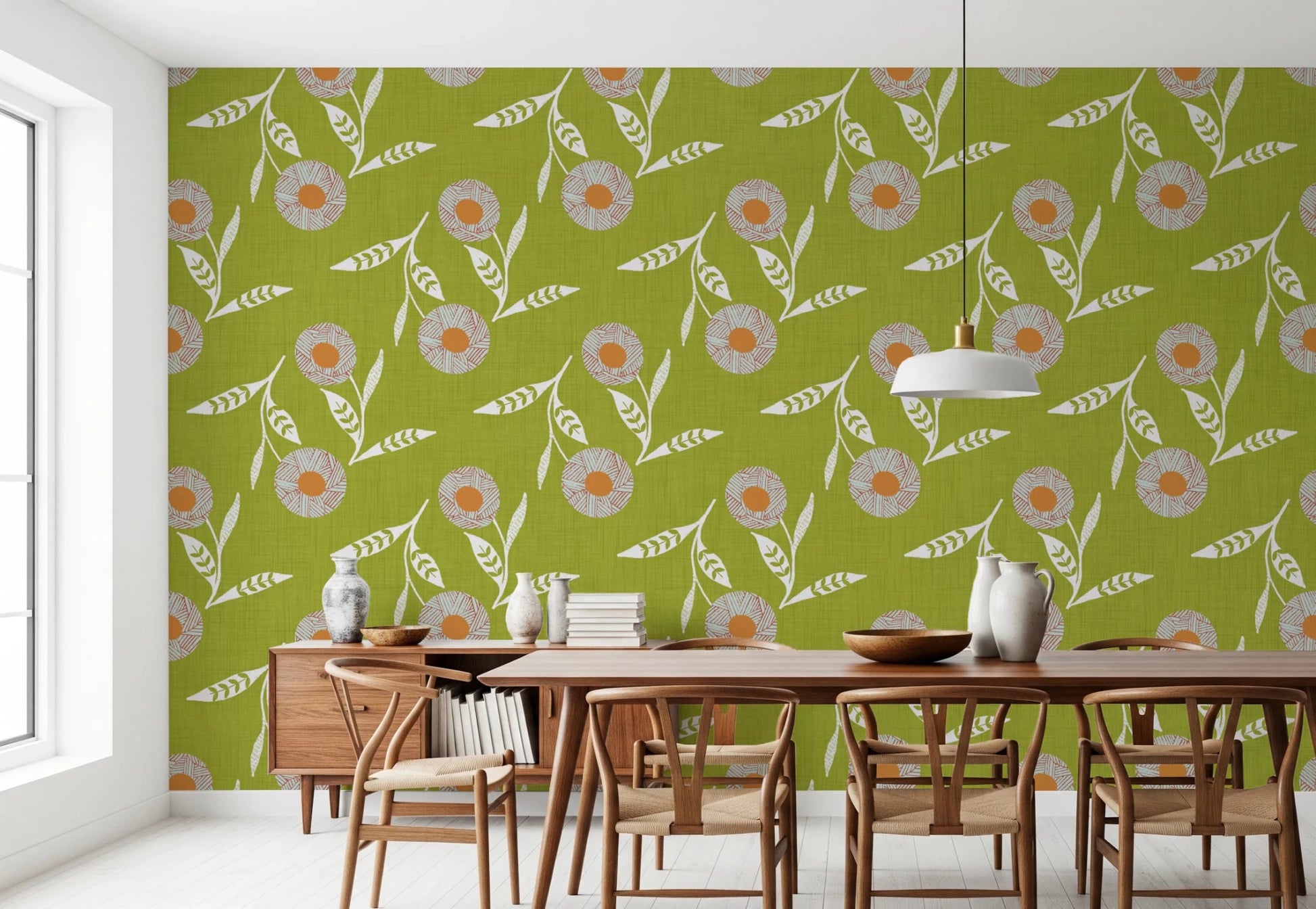 Cozy Scandi Flower Olive Chartreuse - Craft Botanical Wallpaper⁠