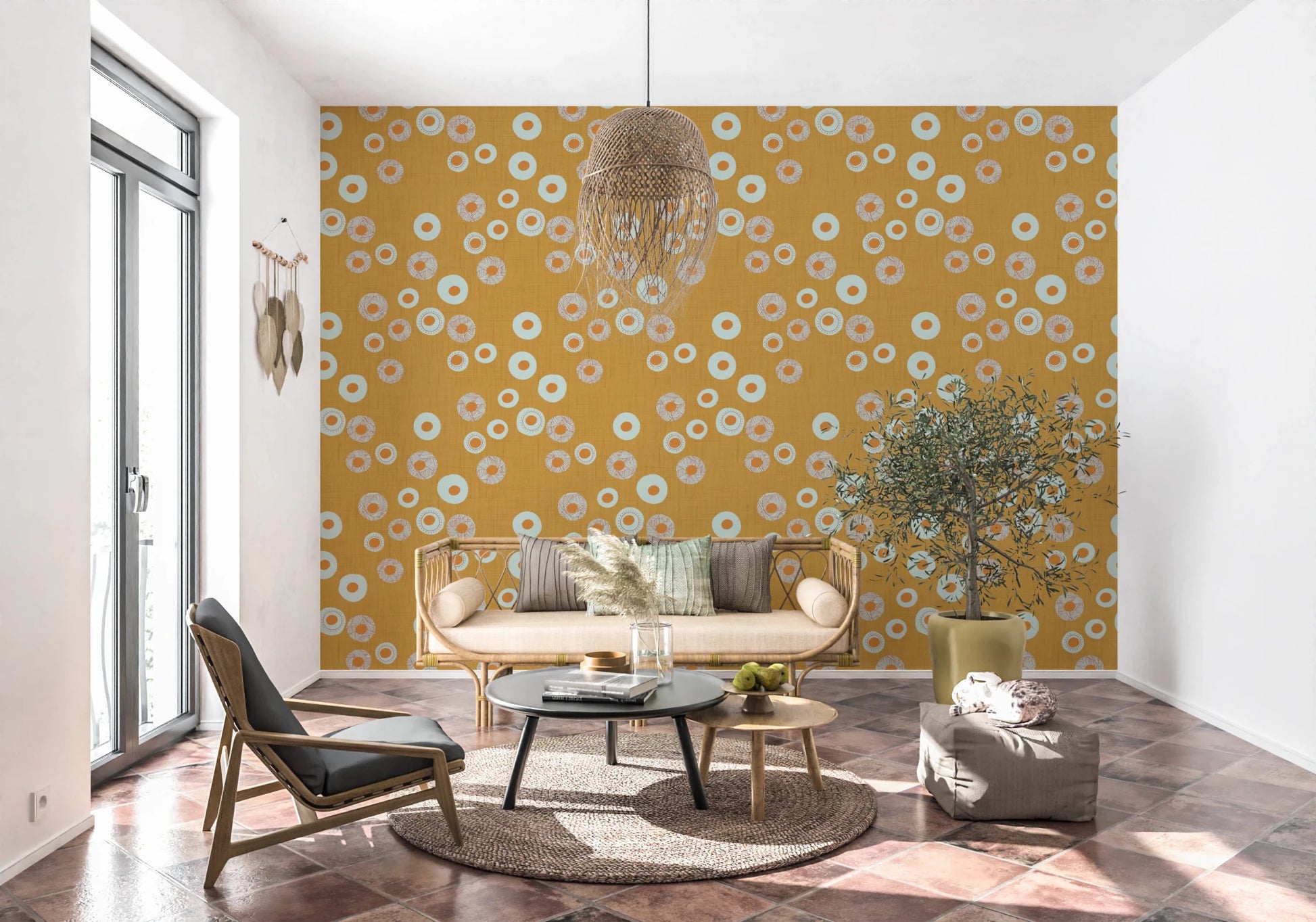 Cozy Scandi Folk Dot Floral Honey Mustard - Craft Circle Wallpaper⁠