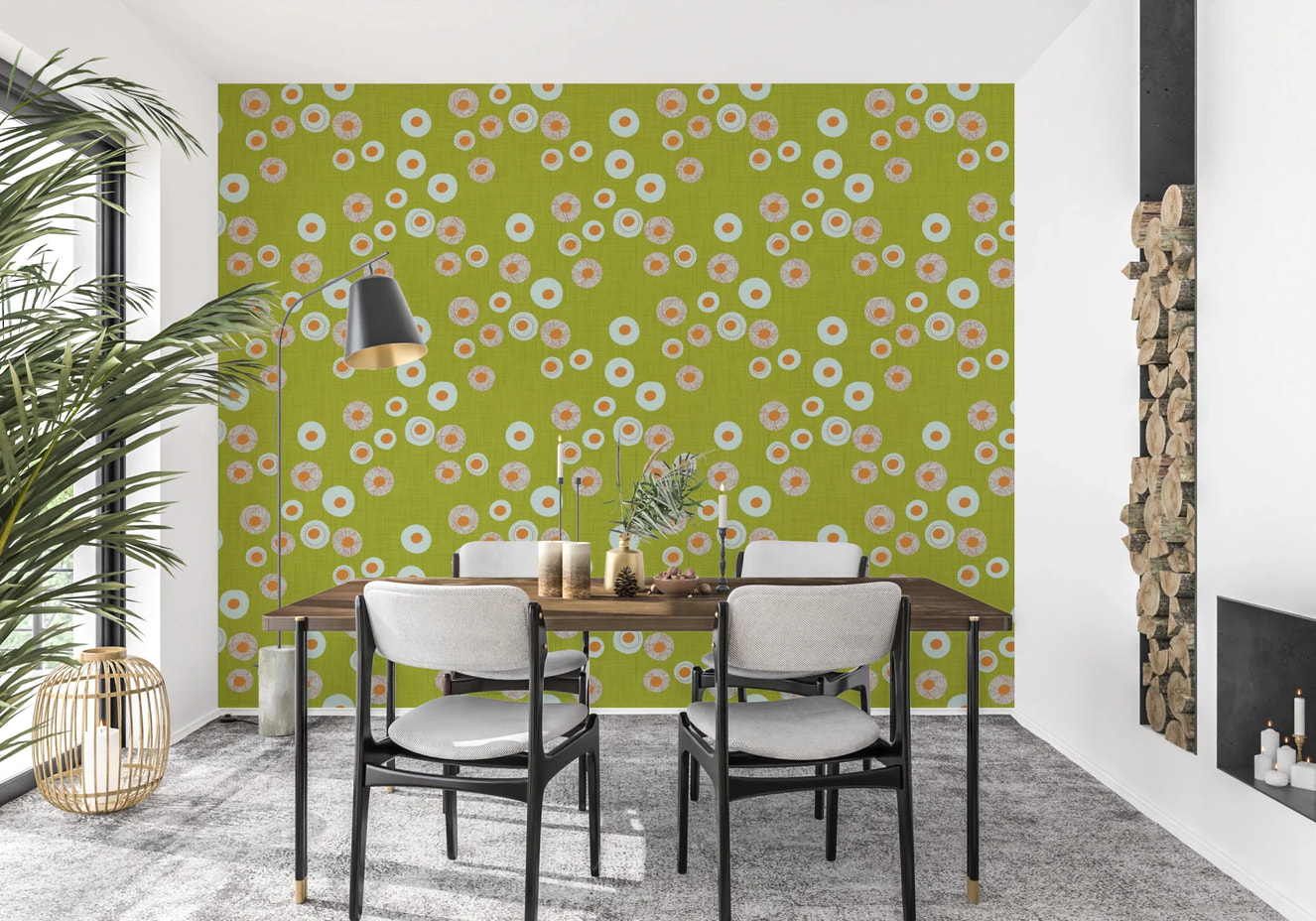 Cozy Scandi Folk Dot Floral Olive Chartreuse - Craft Circle Wallpaper⁠