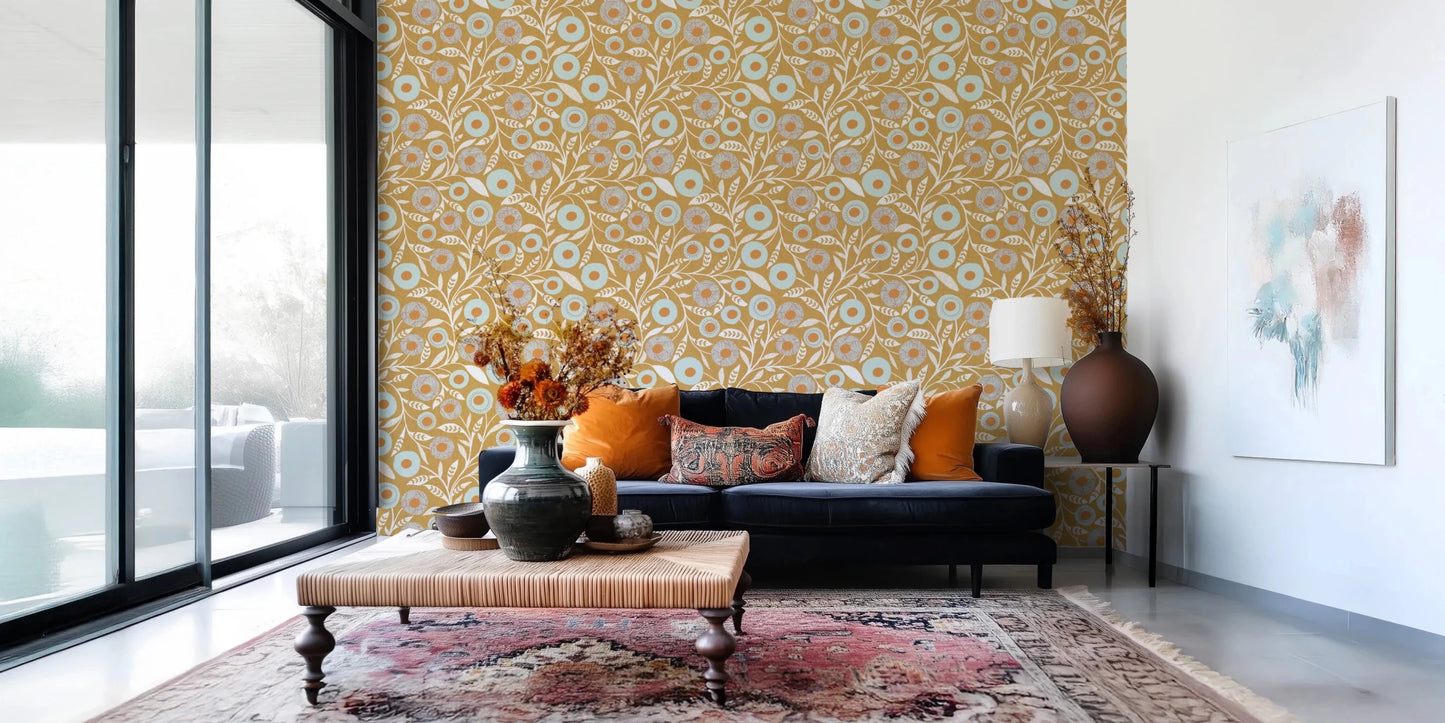 Cozy Scandi Folk Floral Honey Mustard - Craft Botanical Wallpaper⁠