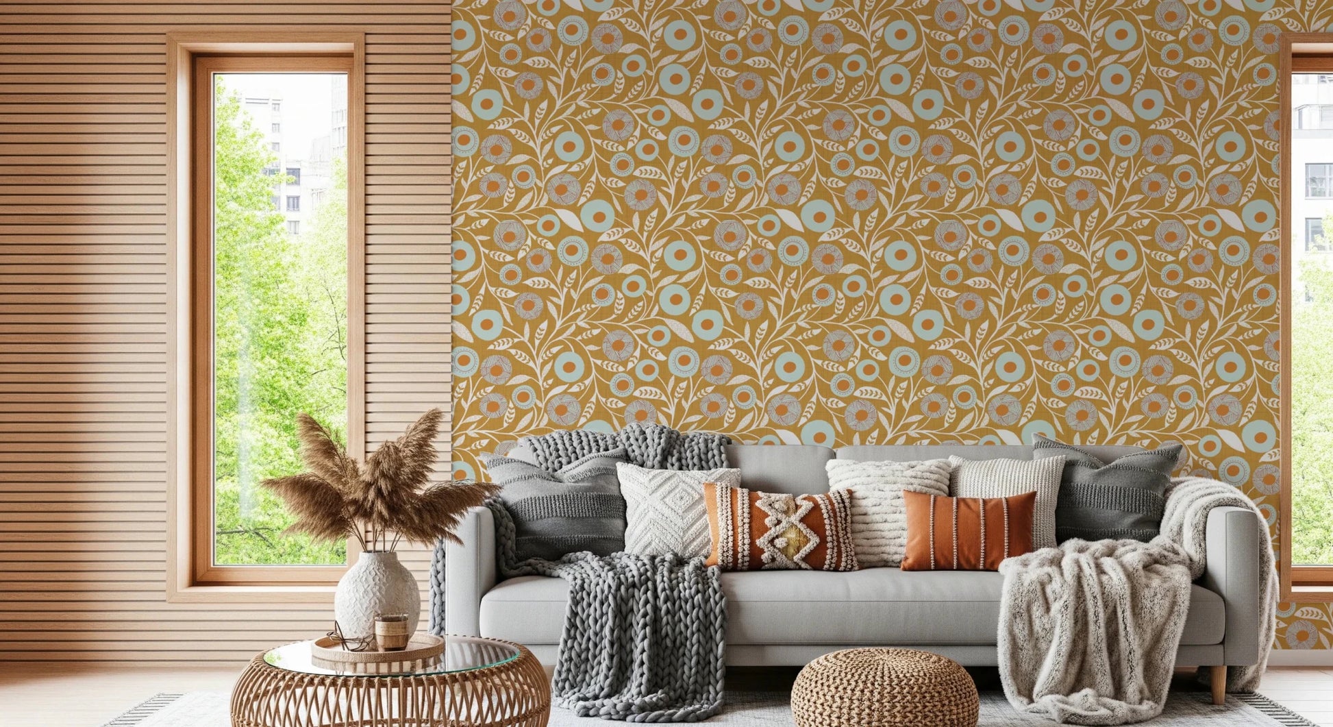 Cozy Scandi Folk Floral Honey Mustard - Craft Botanical Wallpaper⁠