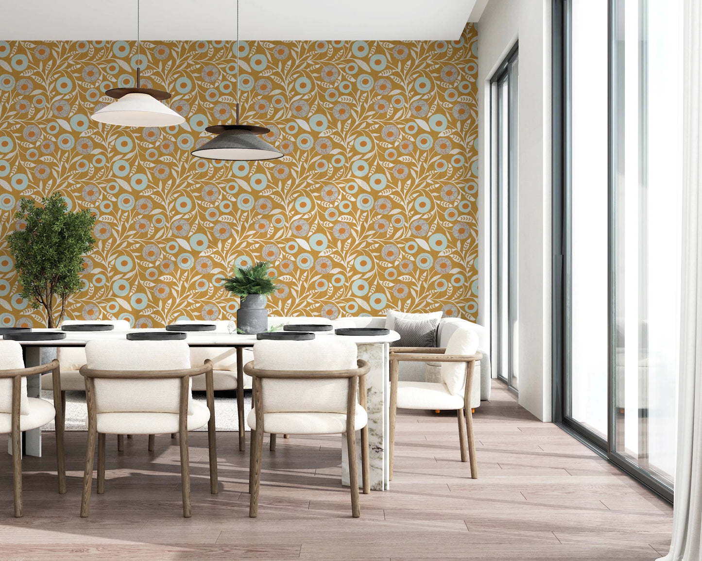 Cozy Scandi Folk Floral Honey Mustard - Craft Botanical Wallpaper⁠