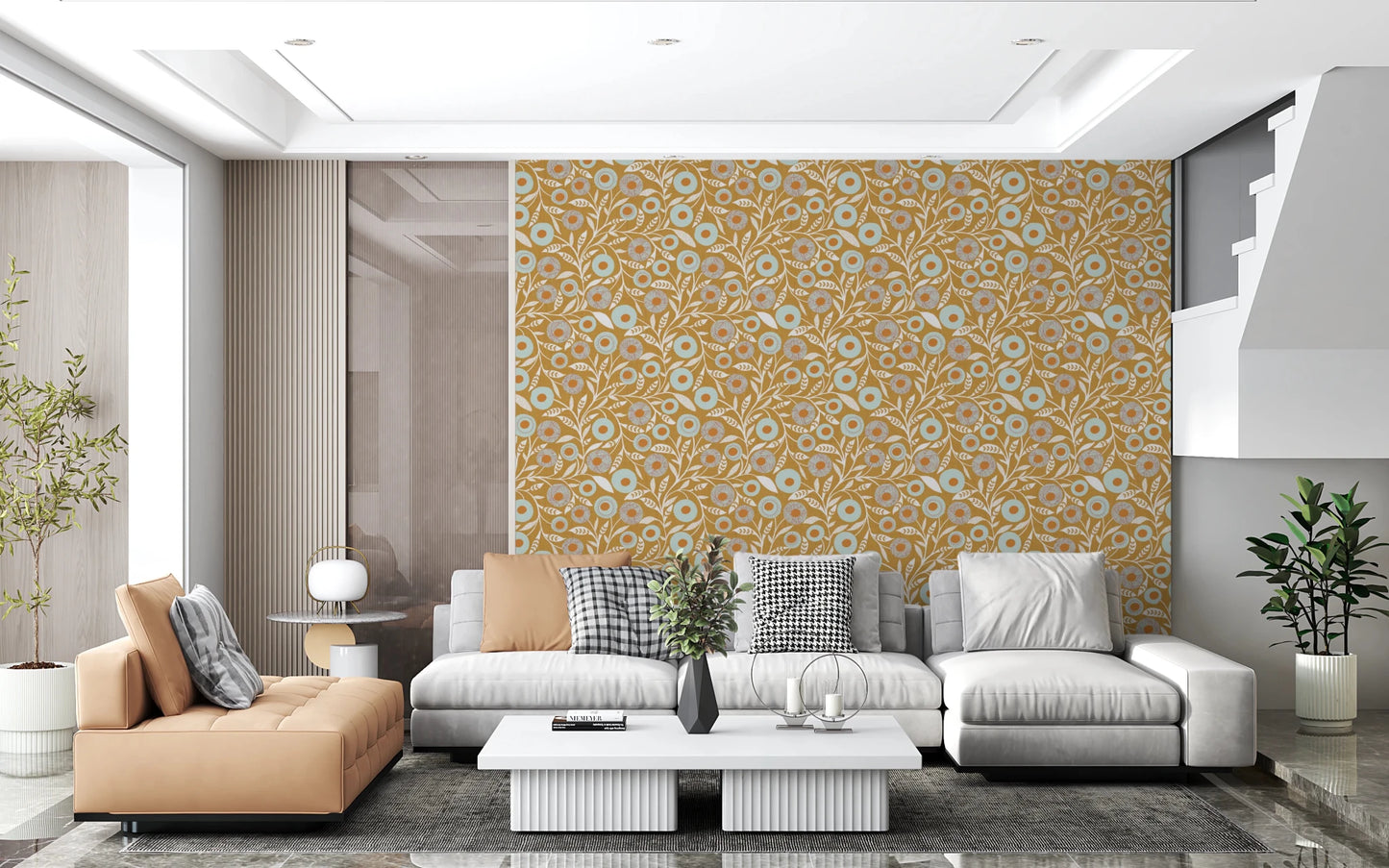 Cozy Scandi Folk Floral Honey Mustard - Craft Botanical Wallpaper⁠