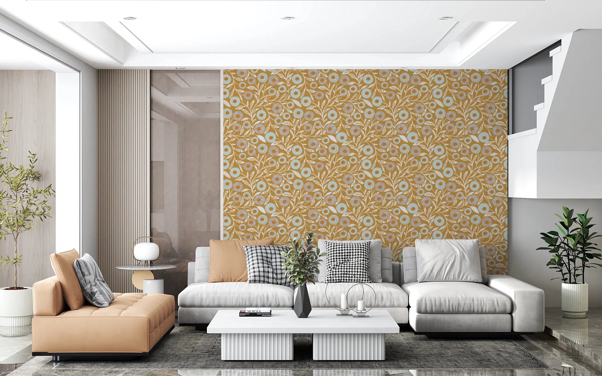 Cozy Scandi Folk Floral Honey Mustard - Craft Botanical Wallpaper⁠