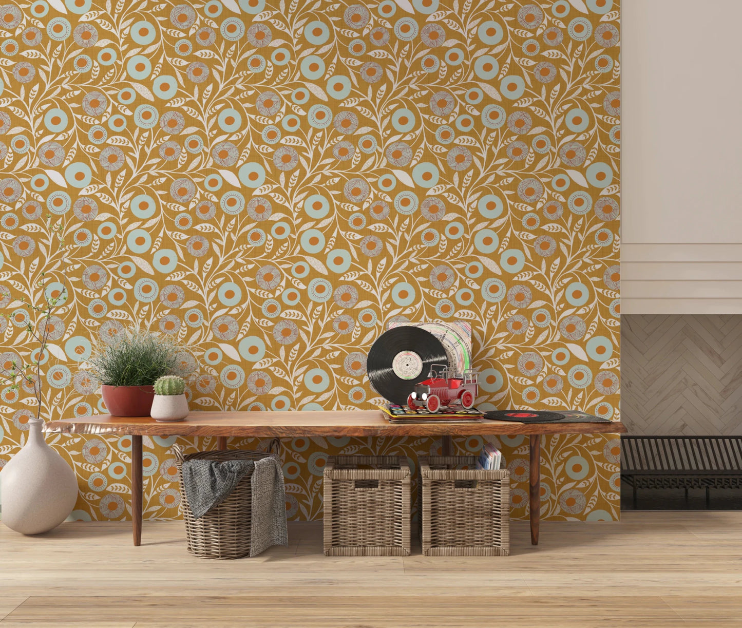 Cozy Scandi Folk Floral Honey Mustard - Craft Botanical Wallpaper⁠