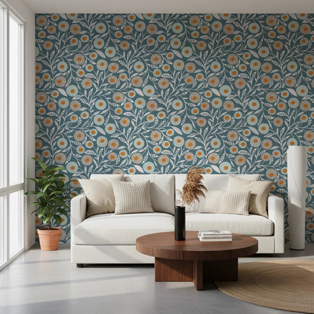 Cozy Scandi Folk Floral Nordic Blue Grey - Craft Botanical Wallpaper⁠
