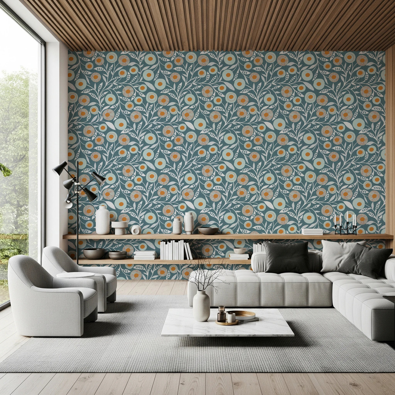Cozy Scandi Folk Floral Nordic Blue Grey - Craft Botanical Wallpaper⁠