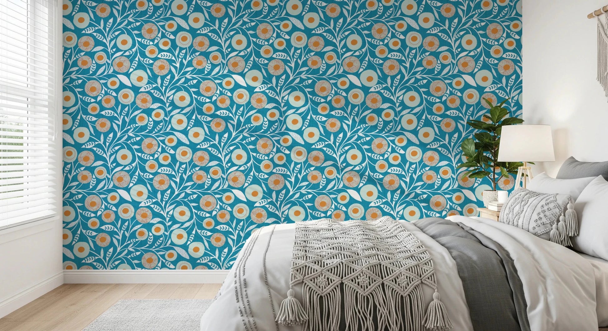 Cozy Scandi Folk Floral Nordic Teal - Craft Botanical Wallpaper⁠