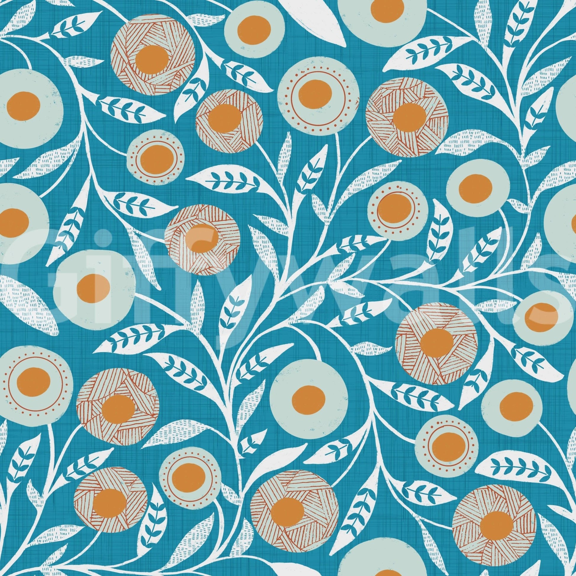 Cozy Scandi Folk Floral Nordic Teal - Craft Botanical Wallpaper⁠