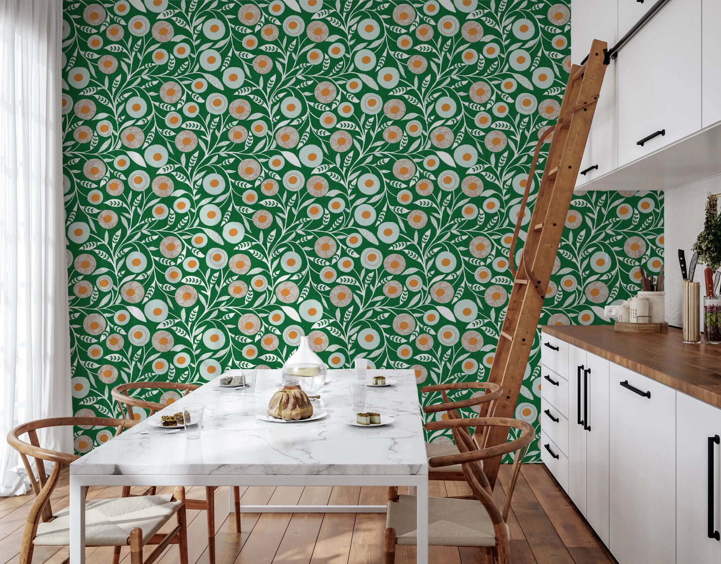 Cozy Scandi Folk Floral Olive Chartreuse - Craft Botanical Wallpaper⁠