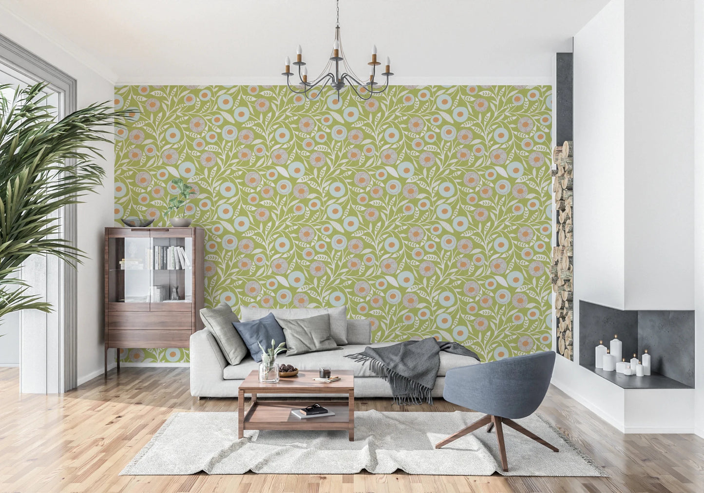 Cozy Scandi Folk Floral Olive Chartreuse - Craft Botanical Wallpaper⁠