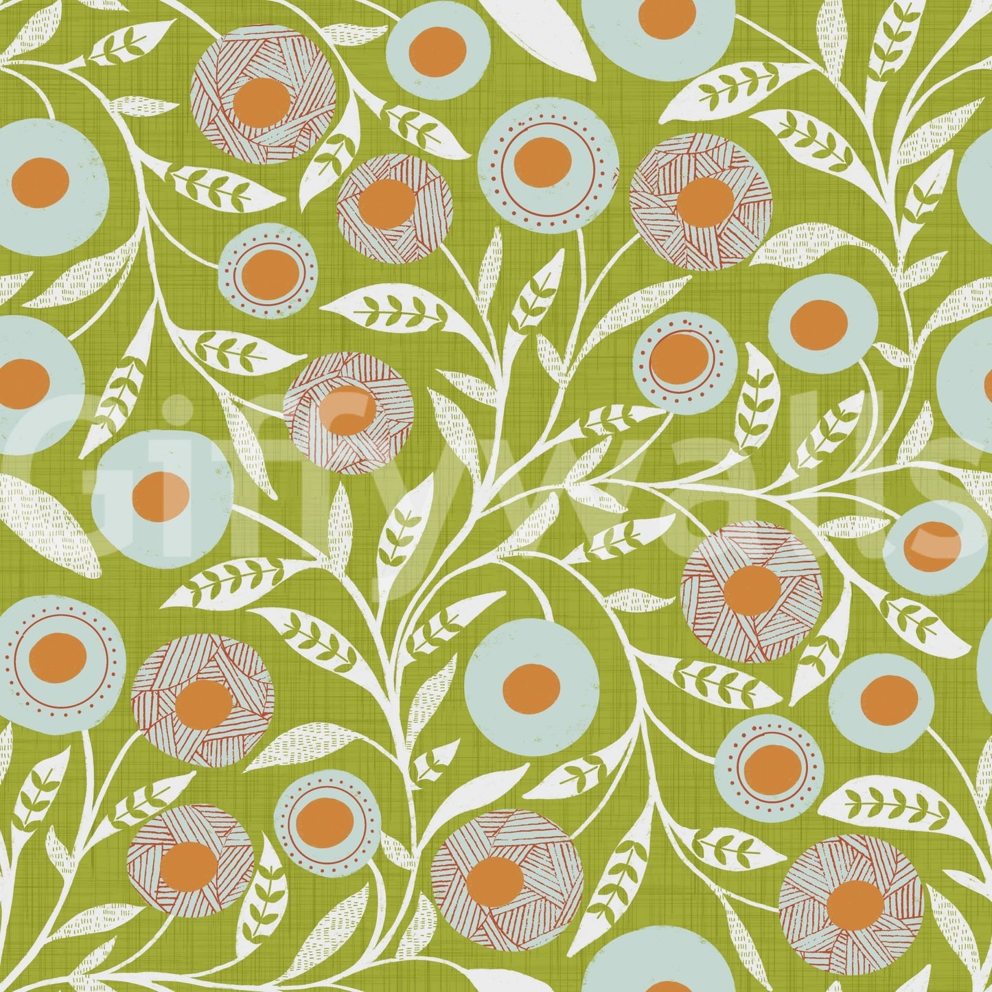 Cozy Scandi Folk Floral Olive Chartreuse - Craft Botanical Wallpaper⁠