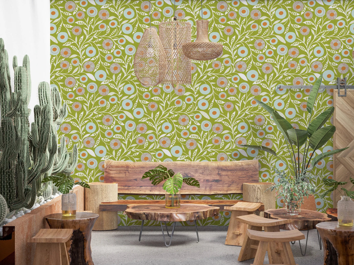 Cozy Scandi Folk Floral Olive Chartreuse - Craft Botanical Wallpaper⁠