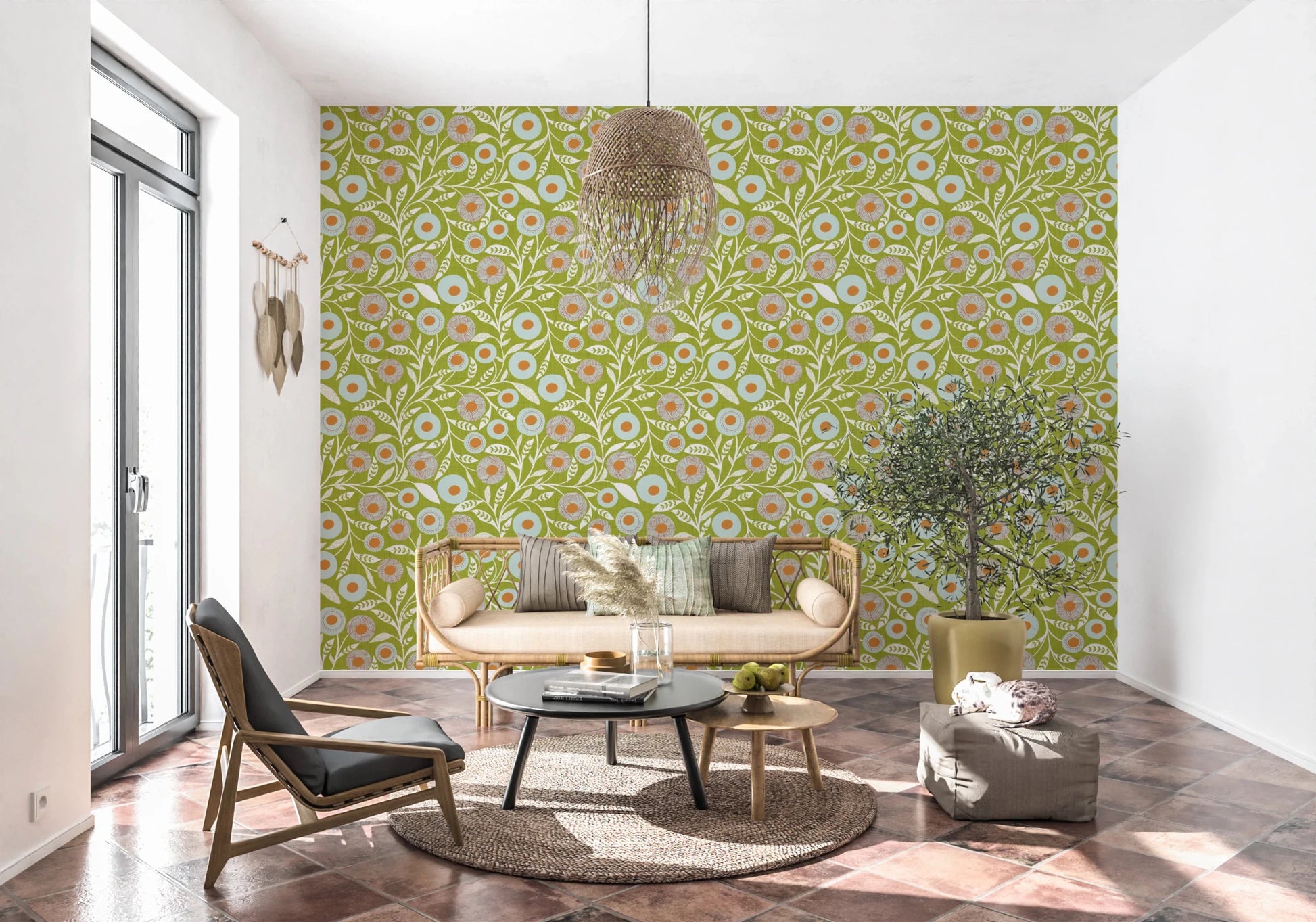 Cozy Scandi Folk Floral Olive Chartreuse - Craft Botanical Wallpaper⁠