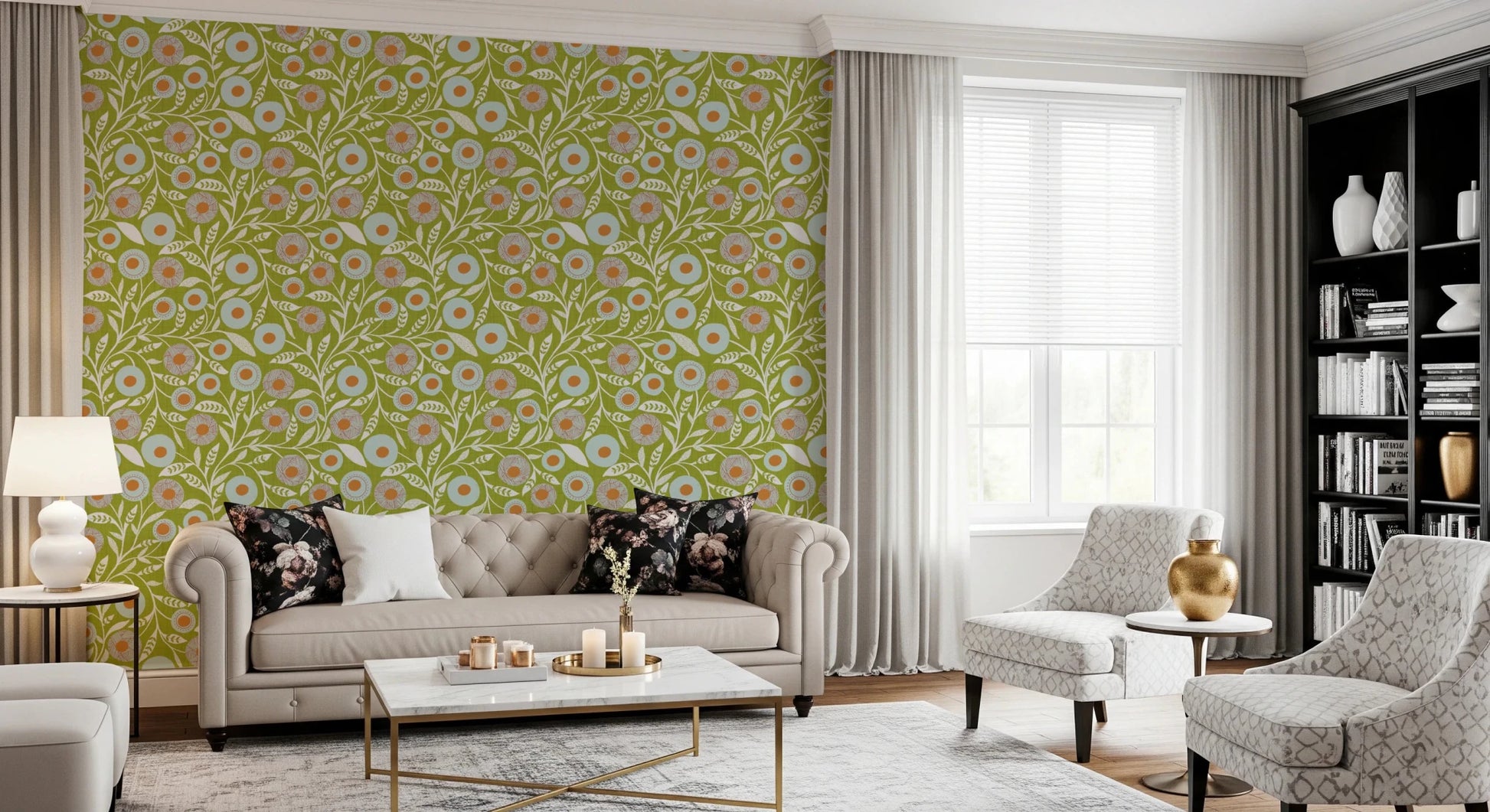 Cozy Scandi Folk Floral Olive Chartreuse - Craft Botanical Wallpaper⁠