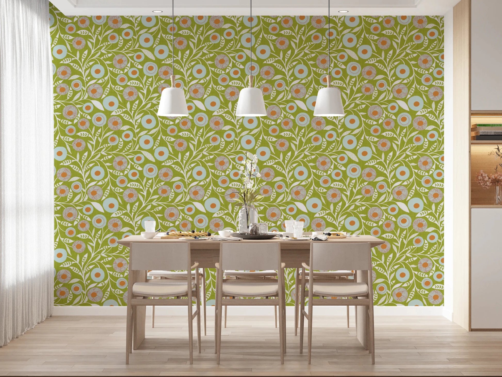 Cozy Scandi Folk Floral Olive Chartreuse - Craft Botanical Wallpaper⁠