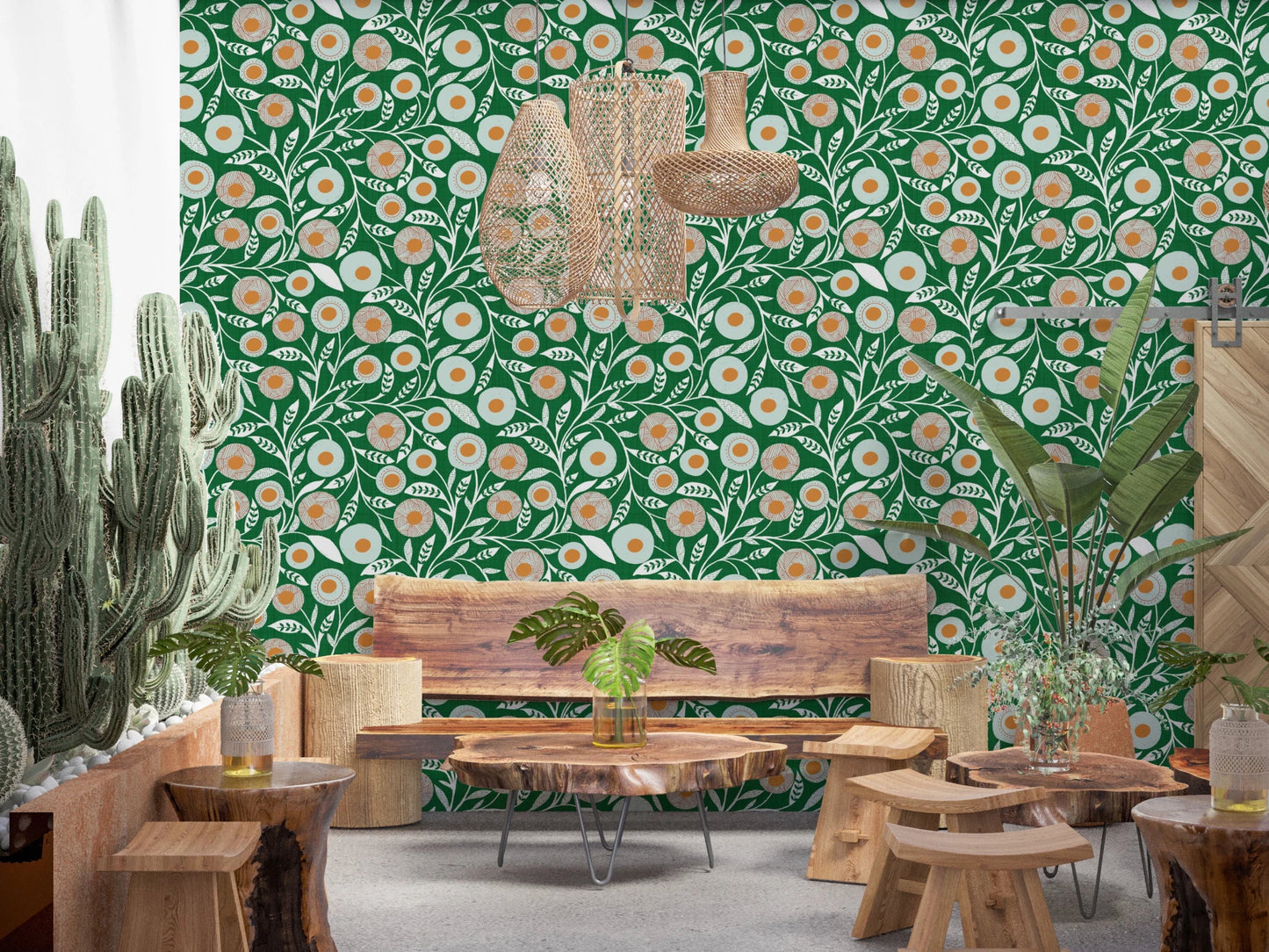 Cozy Scandi Folk Floral Olive Chartreuse - Craft Botanical Wallpaper⁠