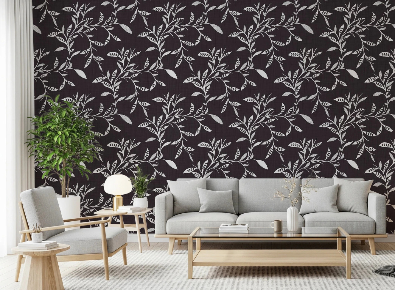 Cozy Scandi Folk Leaf Vine Charcoal - Craft Blender Wallpaper⁠