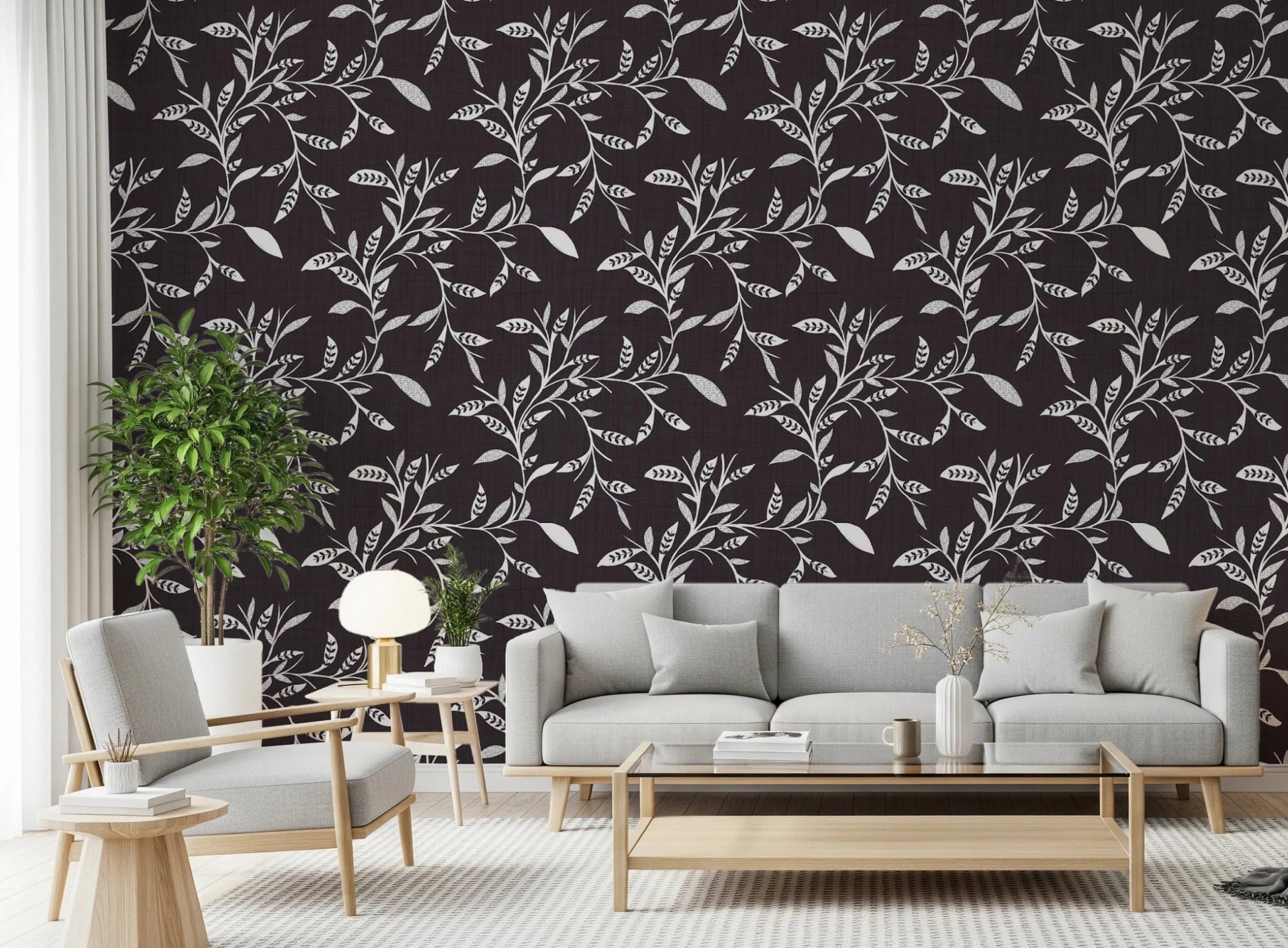 Cozy Scandi Folk Leaf Vine Charcoal - Craft Blender Wallpaper⁠