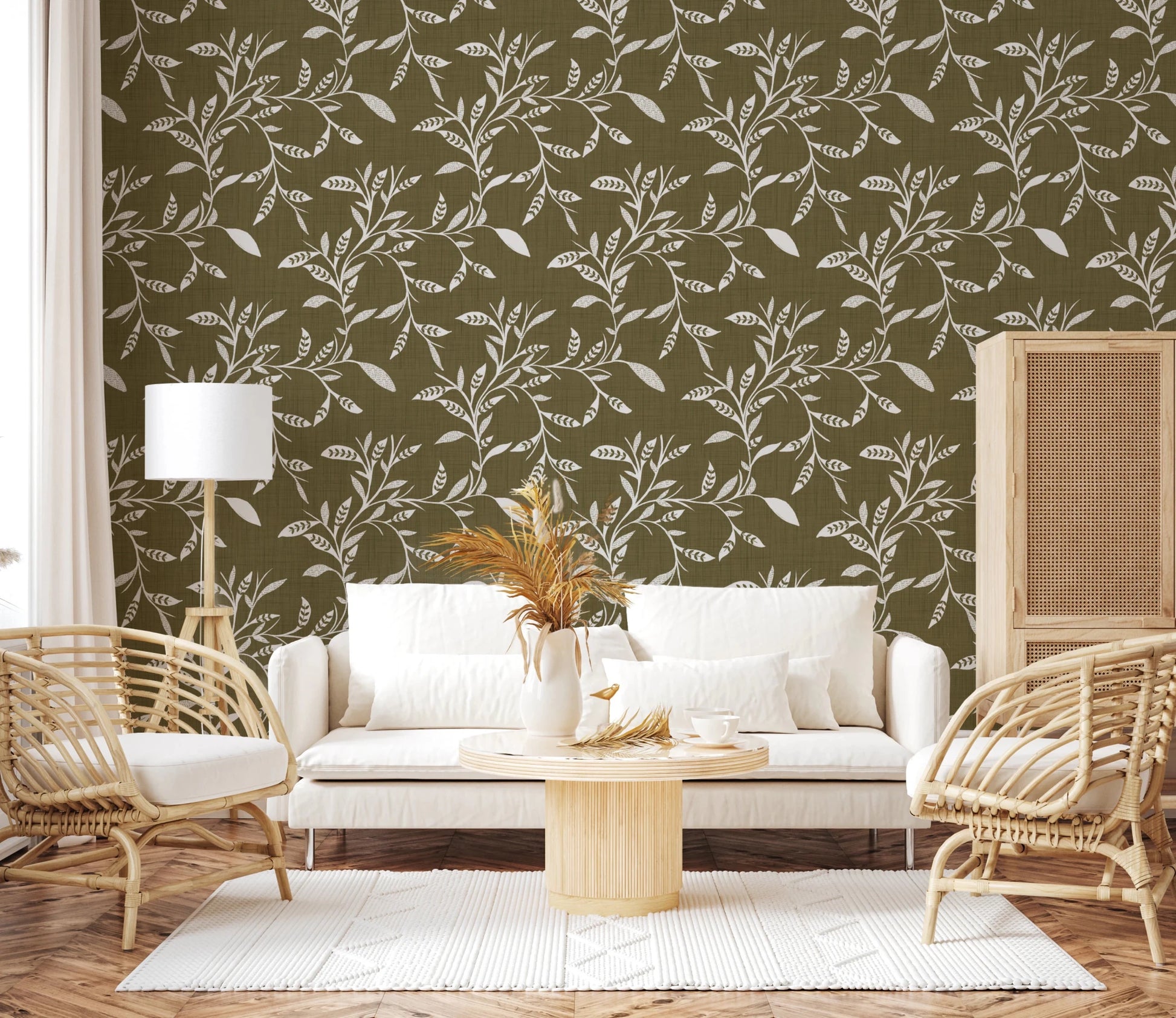 Cozy Scandi Folk Leaf Vine Earthy Olive - Craft Blender Wallpaper⁠