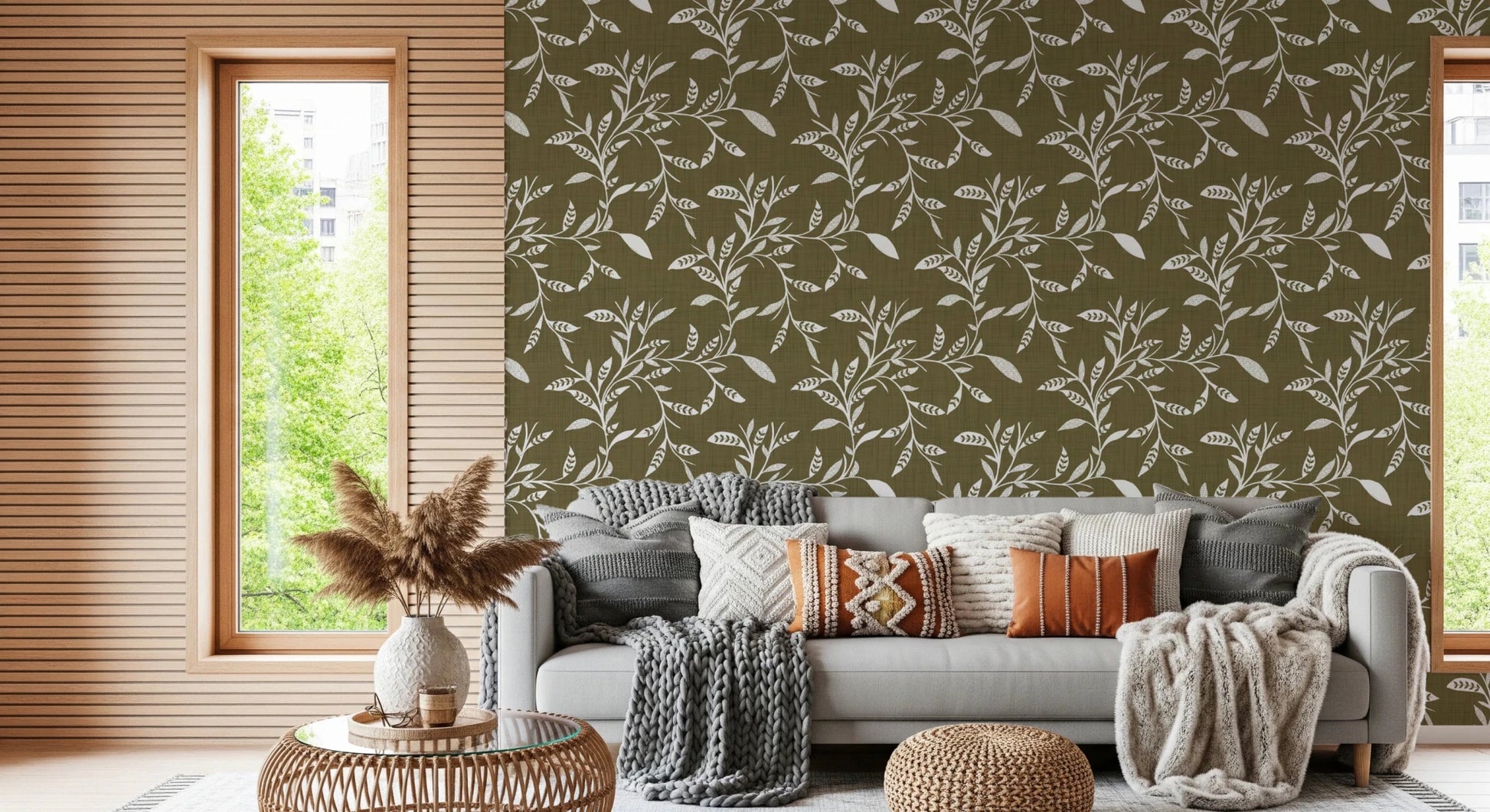 Cozy Scandi Folk Leaf Vine Earthy Olive - Craft Blender Wallpaper⁠