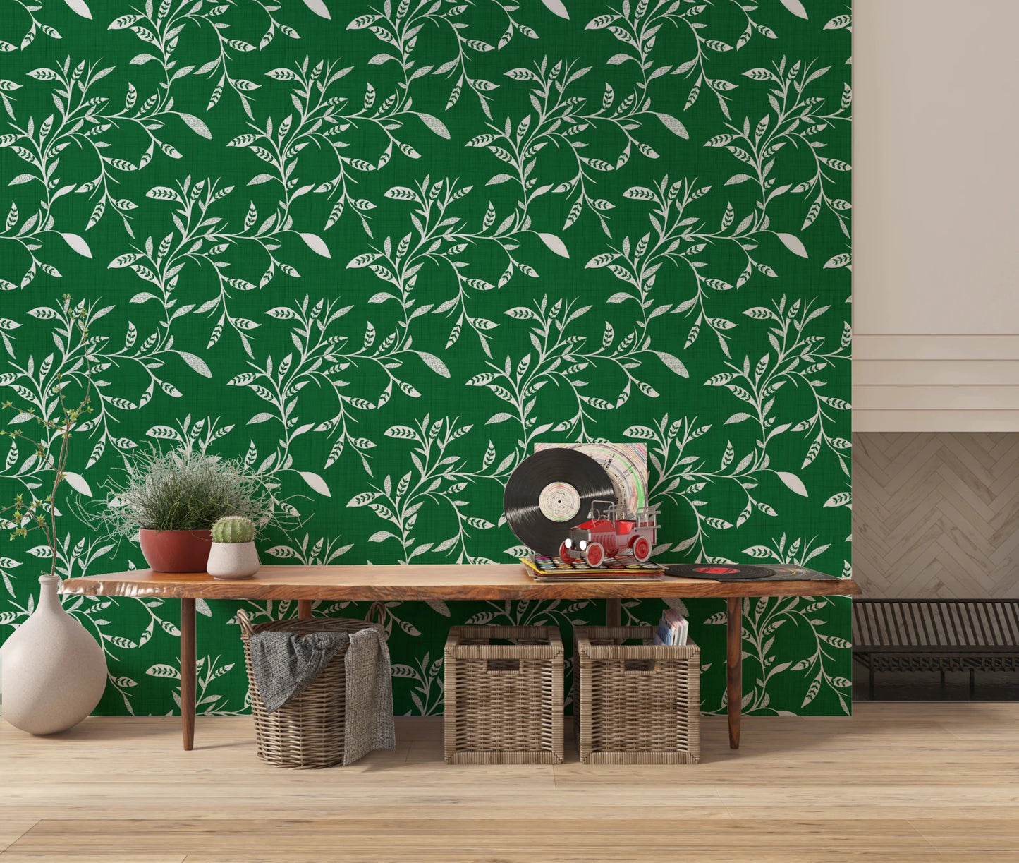 Cozy Scandi Folk Leaf Vine Forest Green - Craft Blender Wallpaper⁠