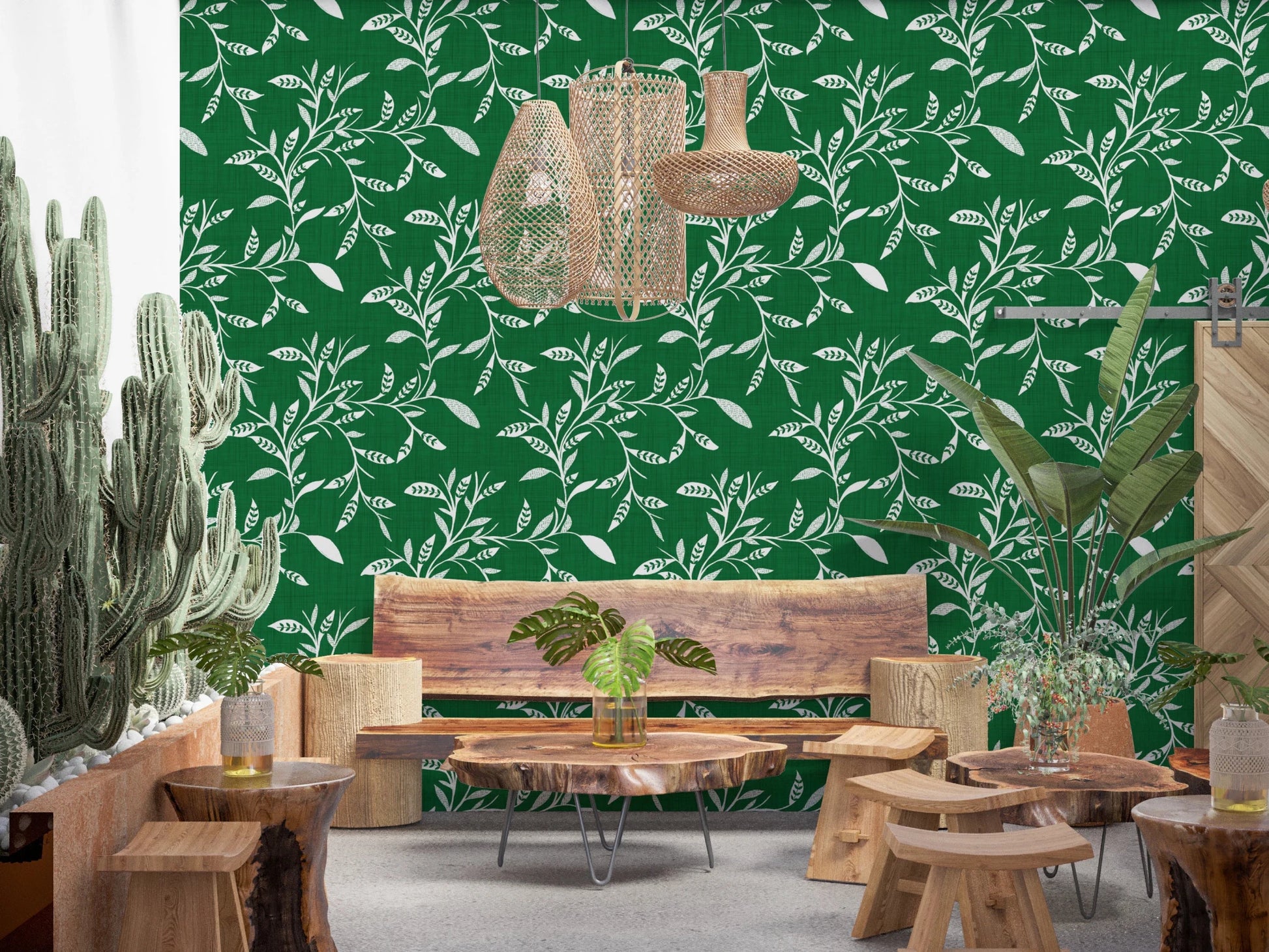 Cozy Scandi Folk Leaf Vine Forest Green - Craft Blender Wallpaper⁠