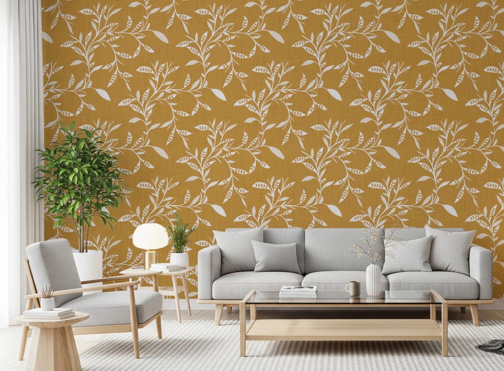 Cozy Scandi Folk Leaf Vine Honey Mustard - Craft Blender Wallpaper⁠