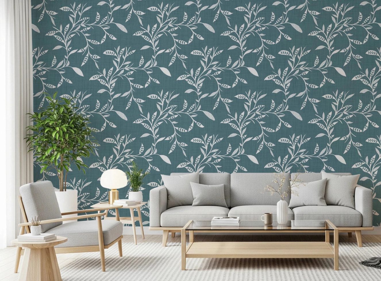 Cozy Scandi Folk Leaf Vine Nordic Blue Grey - Craft Blender Wallpaper⁠