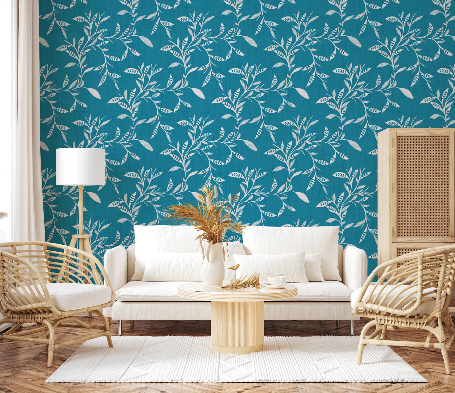 Cozy Scandi Folk Leaf Vine Nordic Teal - Craft Blender Wallpaper⁠
