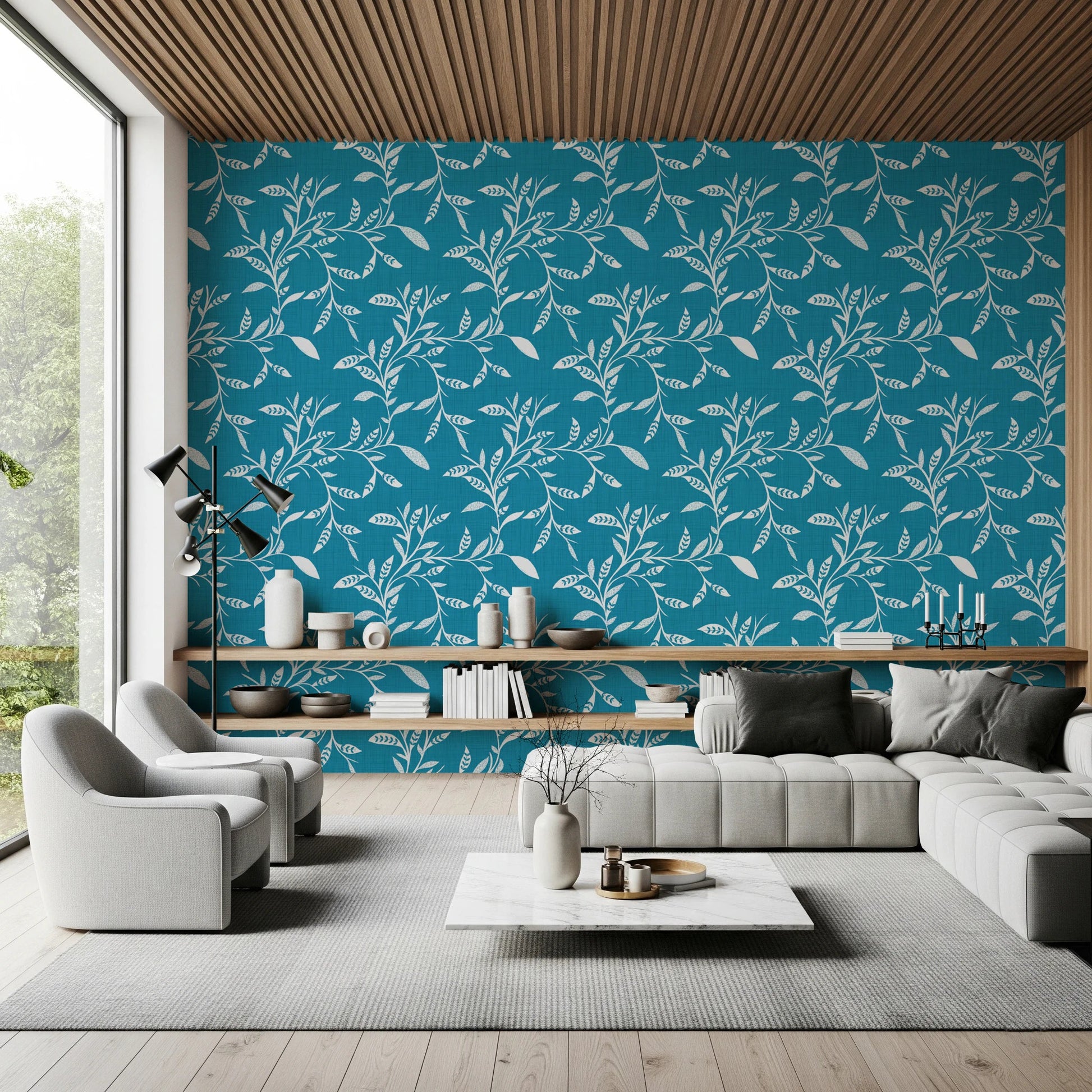Cozy Scandi Folk Leaf Vine Nordic Teal - Craft Blender Wallpaper⁠