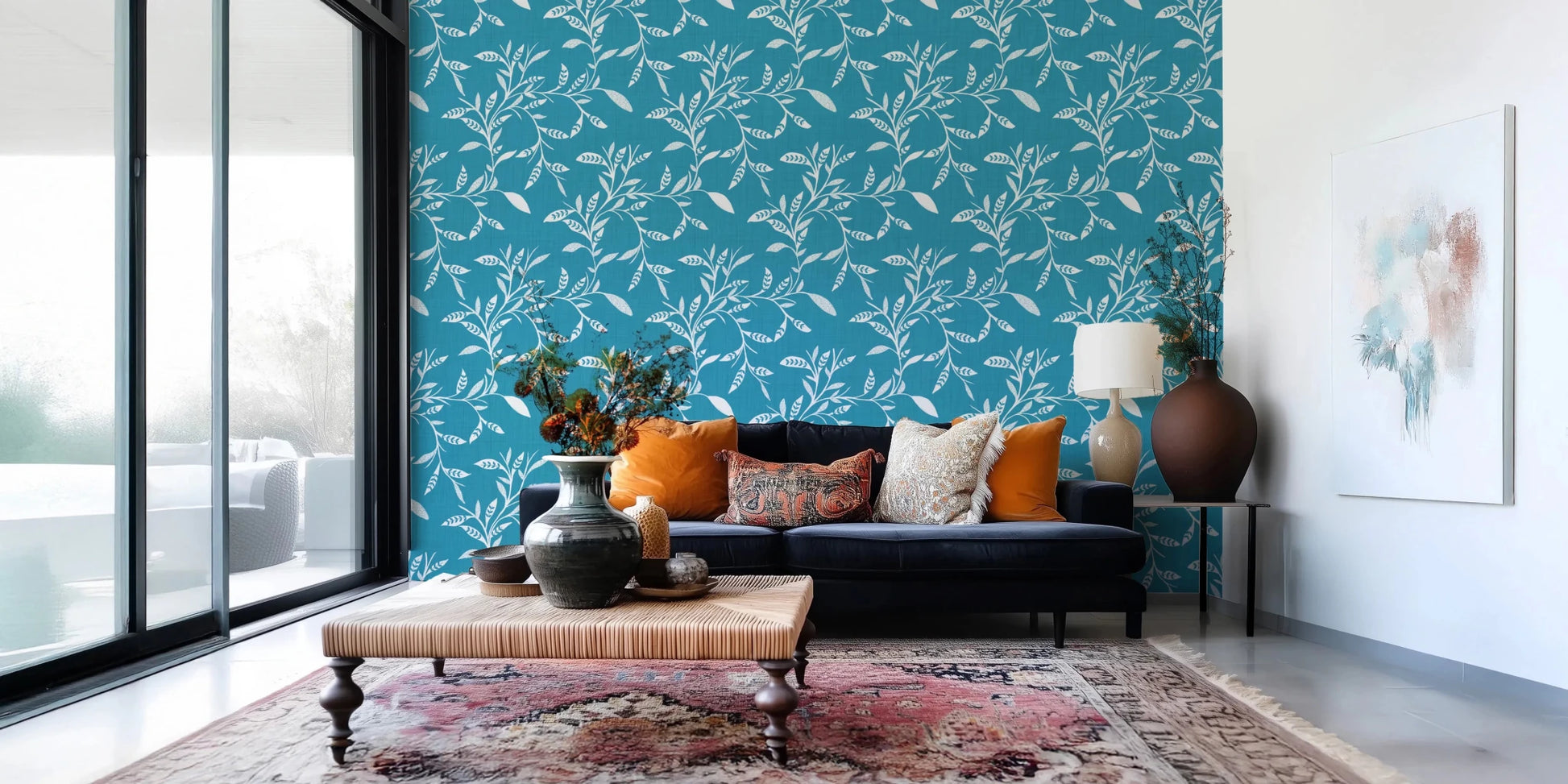 Cozy Scandi Folk Leaf Vine Nordic Teal - Craft Blender Wallpaper⁠