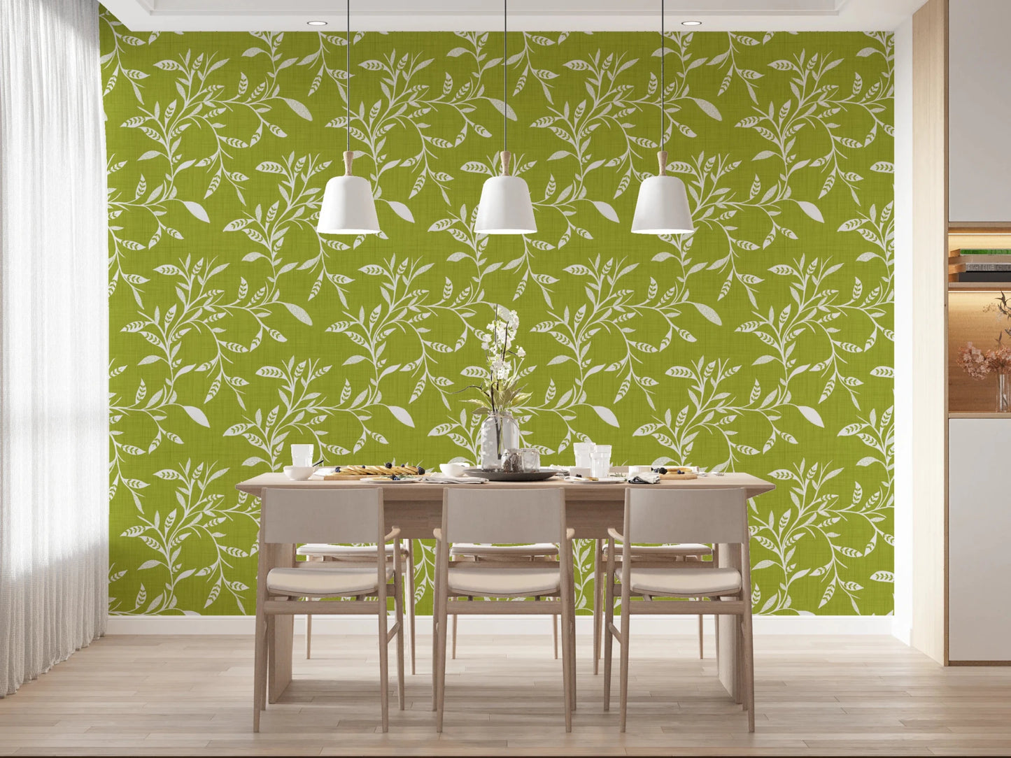 Cozy Scandi Folk Leaf Vine Olive Chartreuse - Craft Blender Wallpaper⁠