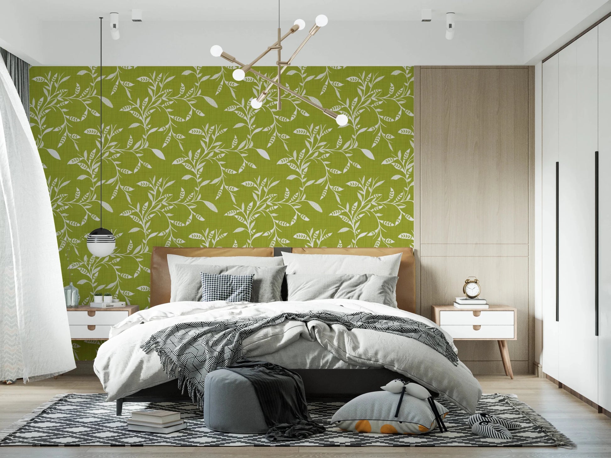 Cozy Scandi Folk Leaf Vine Olive Chartreuse - Craft Blender Wallpaper⁠