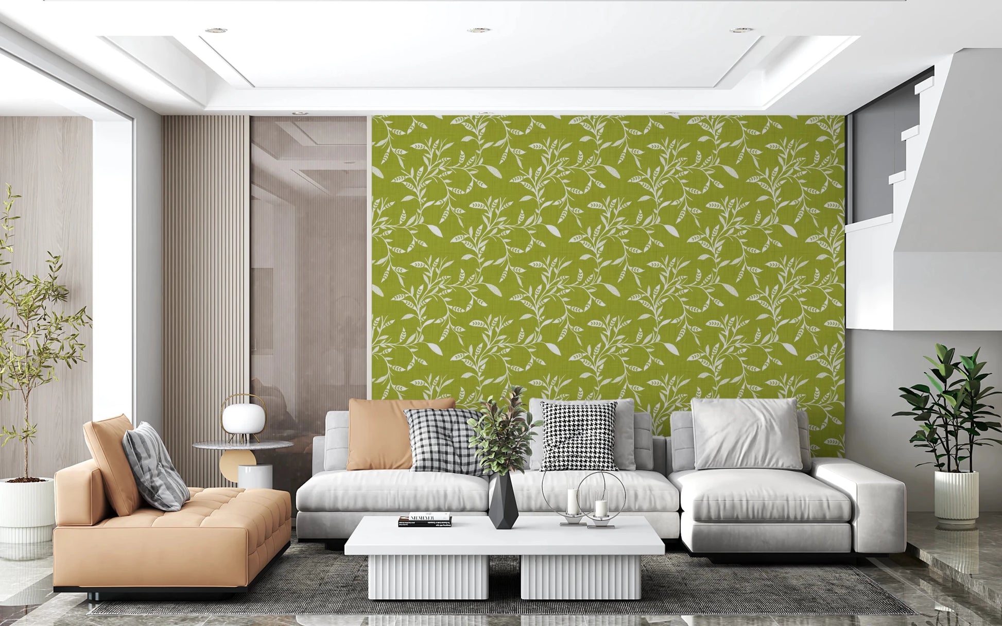 Cozy Scandi Folk Leaf Vine Olive Chartreuse - Craft Blender Wallpaper⁠
