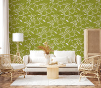 Cozy Scandi Folk Leaf Vine Olive Chartreuse - Craft Blender Wallpaper⁠