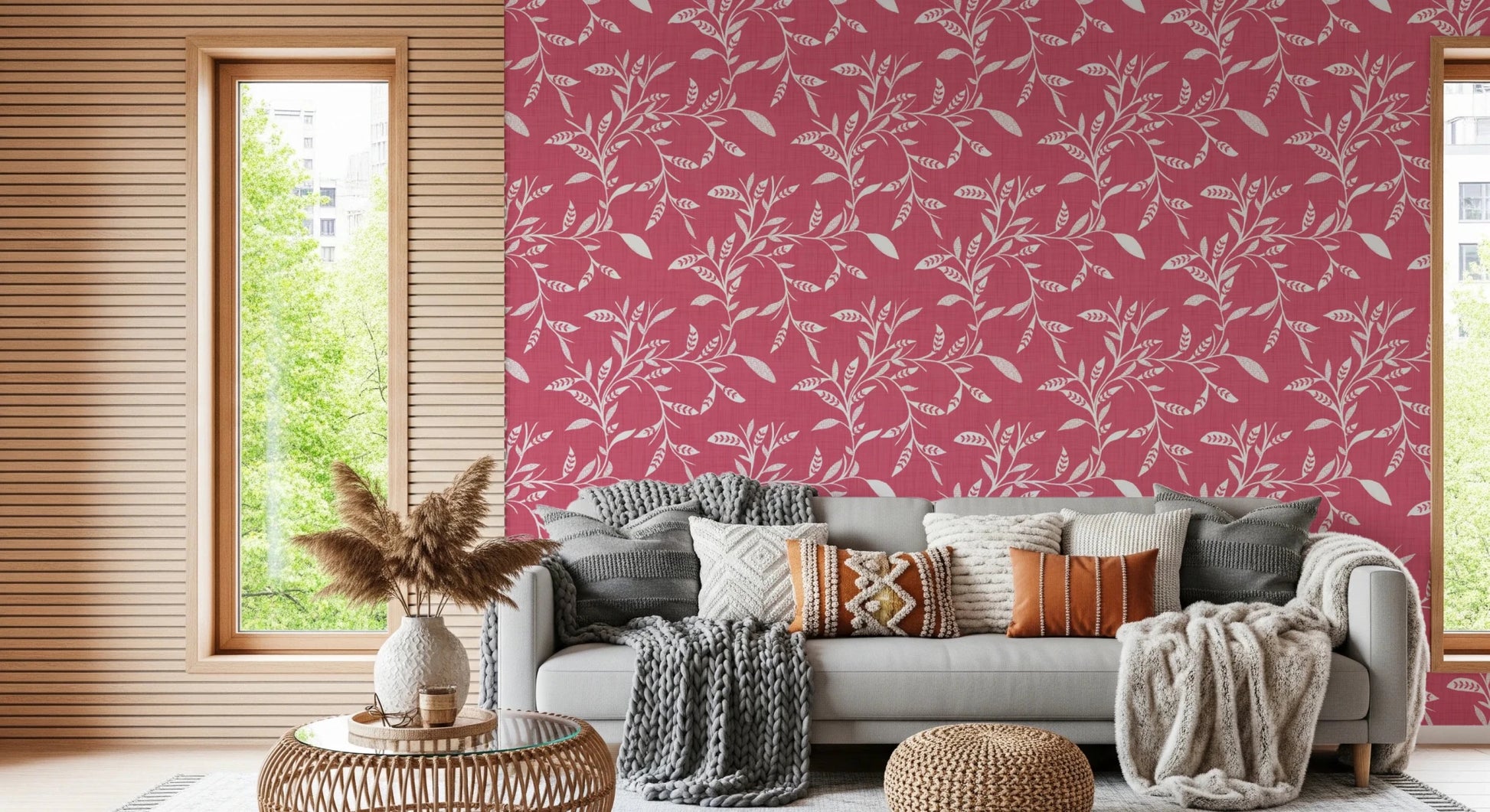 Cozy Scandi Folk Leaf Vine Rose Clay - Craft Blender Wallpaper⁠