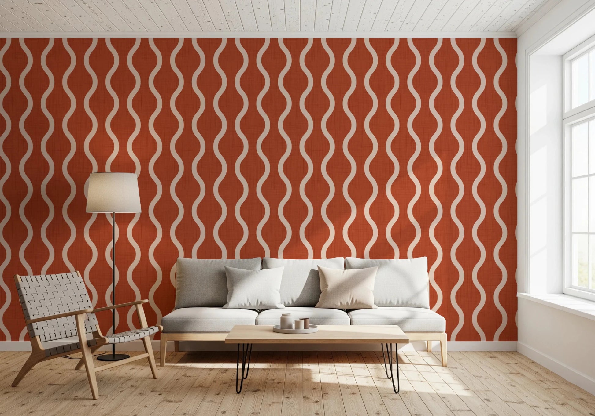 Cozy Scandi Folk Wavy Stripe Burnt Terracotta - Craft Stripe Wallpaper⁠