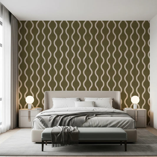 Cozy Scandi Folk Wavy Stripe Earthy Olive - Craft Stripe Wallpaper⁠