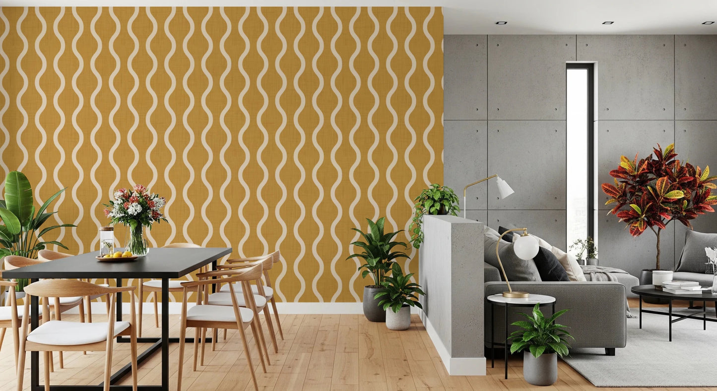 Cozy Scandi Folk Wavy Stripe Honey Mustard - Craft Stripe Wallpaper⁠